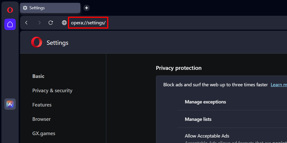 Settings tab in Opera.