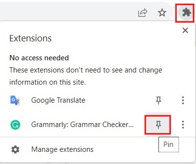Clicking extensions icon to start pinning extensions. 