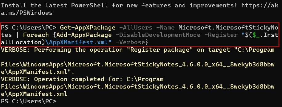 Typing command to re-register app in PowerShell.