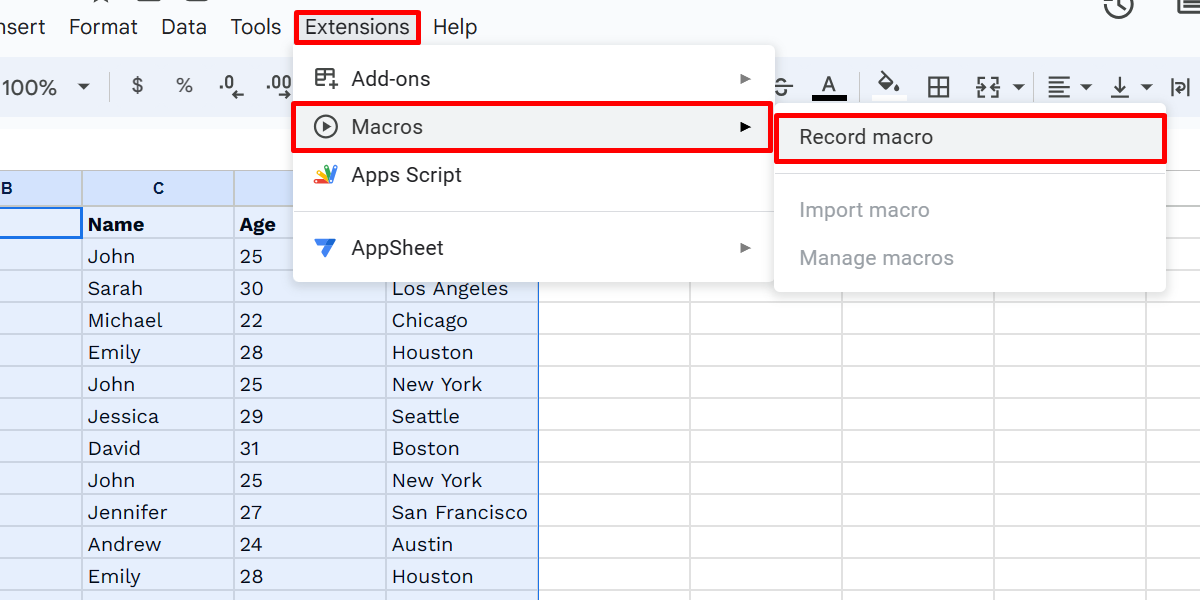 Opening the Extensions tab to record a macro in Google Sheets