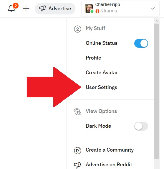 Reddit User Settings Menu