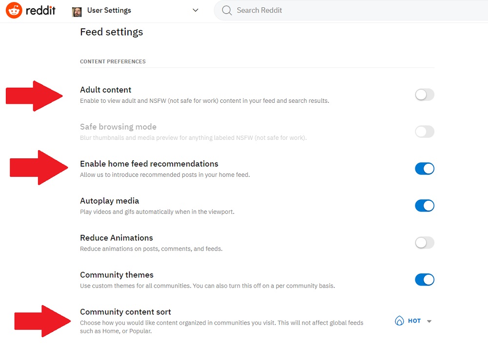 Options for Reddit Feed Settings