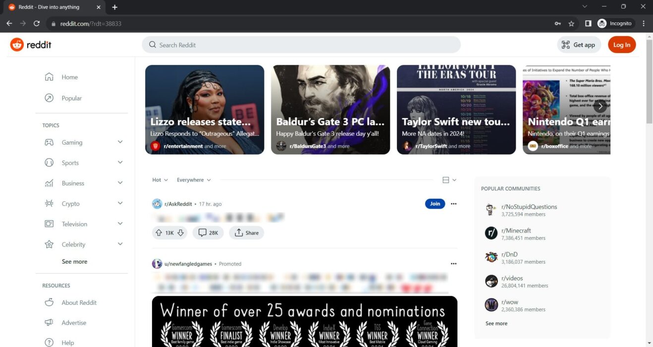 Reddit In Icognito Mode In Chrome