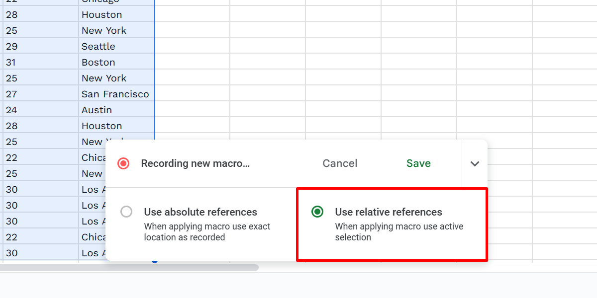 Choosing relative references in Google Sheets macro