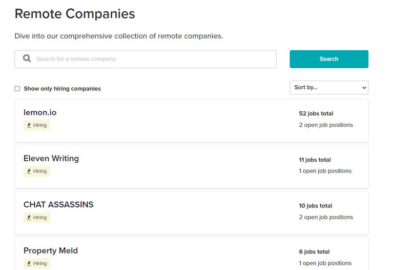 Remote companies section in WorkingNomads