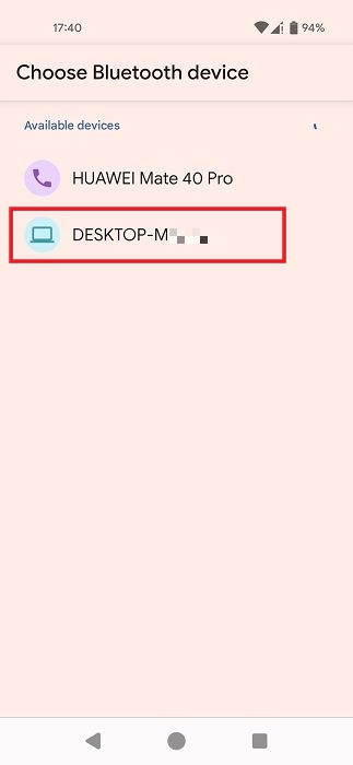 Selecting your PC from the list of devices to start Bluetooth transfer. 