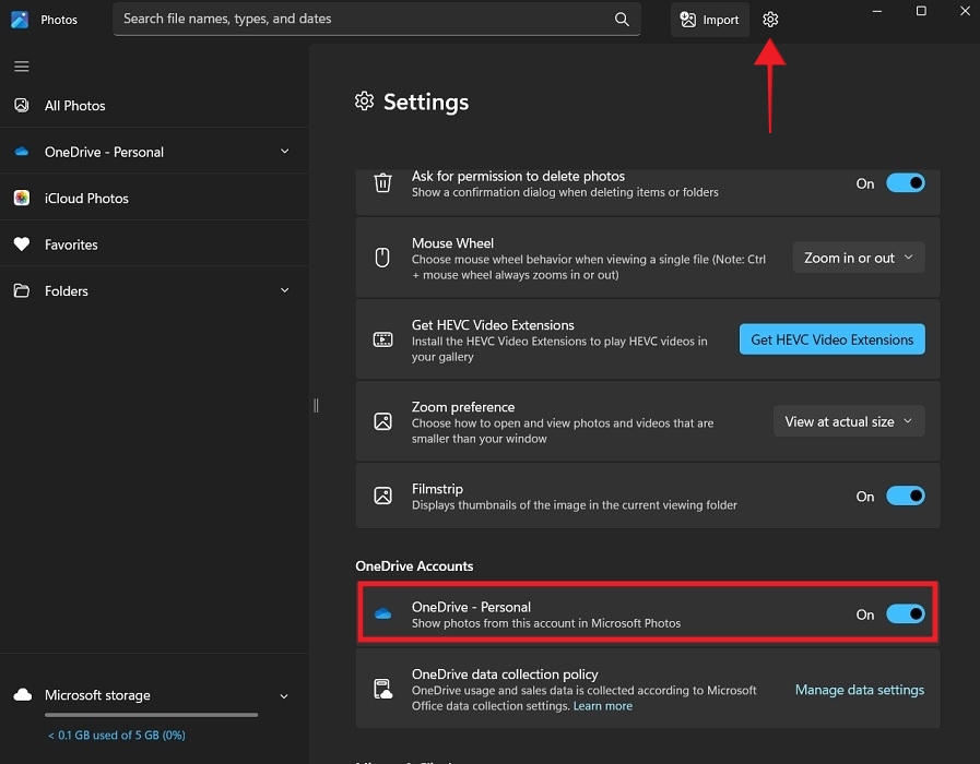 Enabling "OneDrive - Personal" toggle in Photos app Settings on Windows. 