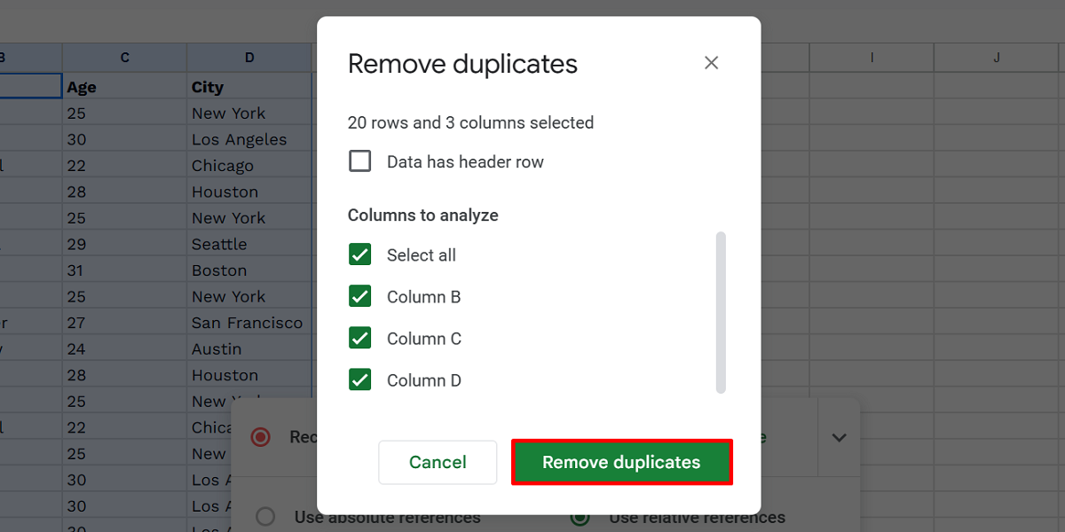 Clicking the "Remove duplicates" button after selecting columns to analyze