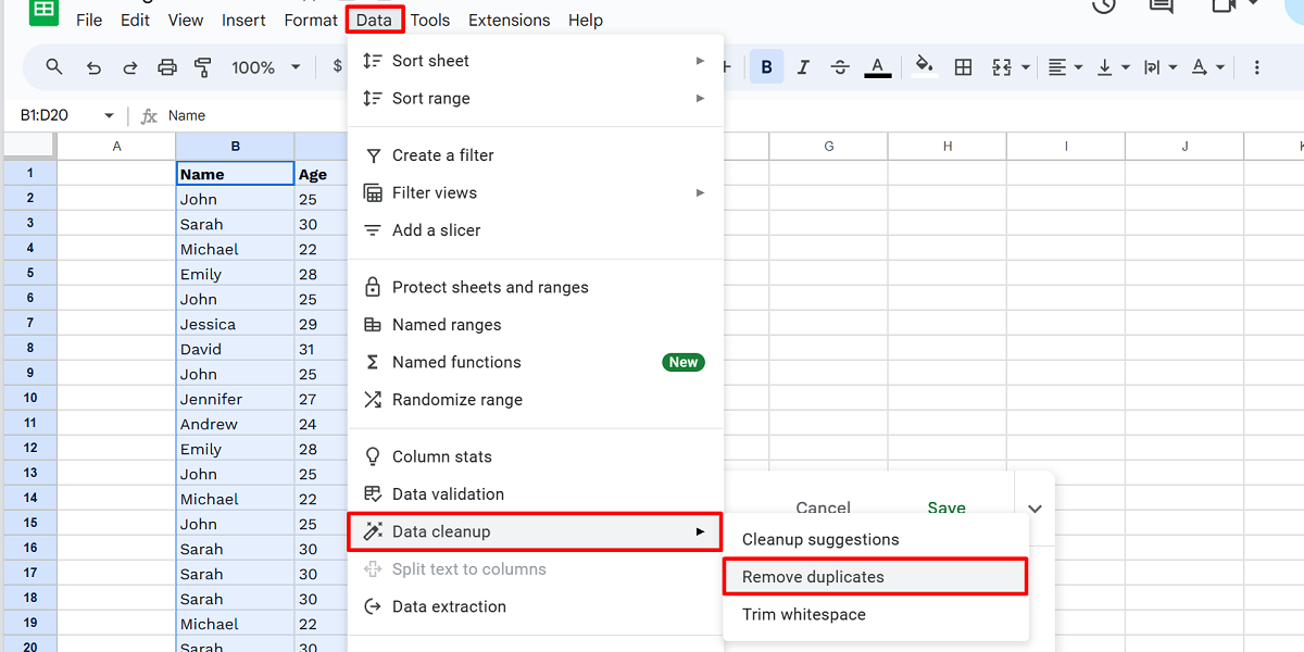 Using the "Data cleanup" feature in Google Sheets to remove duplicates