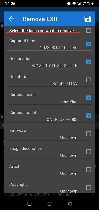 Selecting the tags to be removed in the Photo EXIF Editor app.