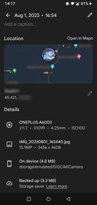 EXIF data view in Google Photos app.