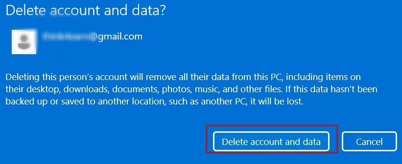 Pressing on "Delete account and data" button to complete process.