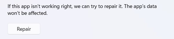 Clicking the "Repair" button for Sticky Notes. 