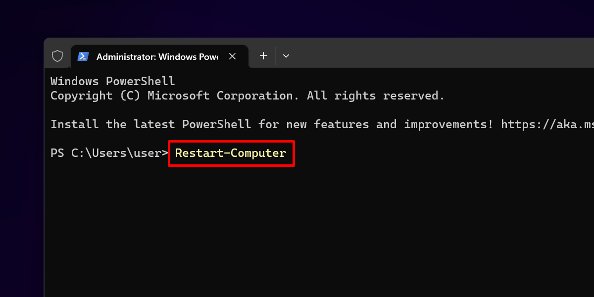 Typing "Restart-Computer" command in Terminal app. 