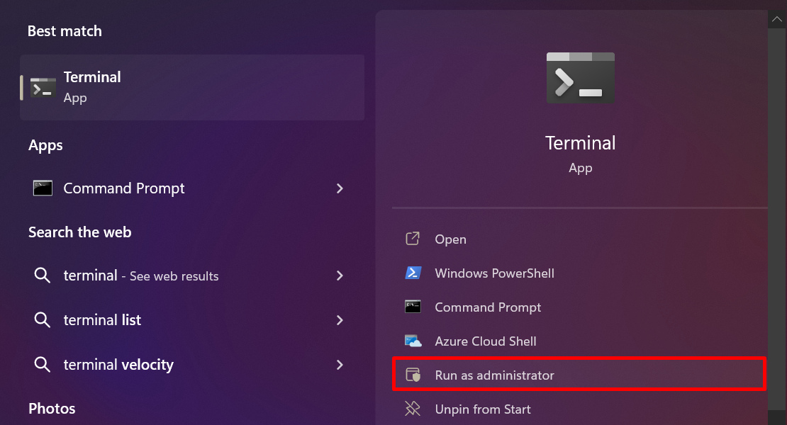 Opening Terminal app as administrator from Windows Search.