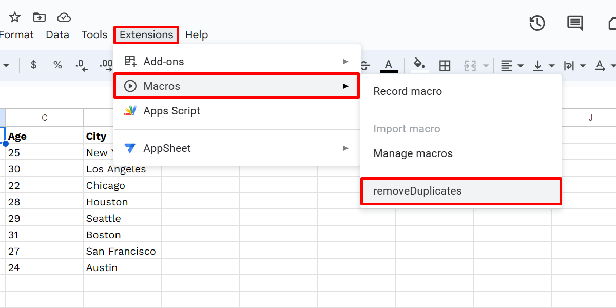 Running a macro manually via the Extensions tab