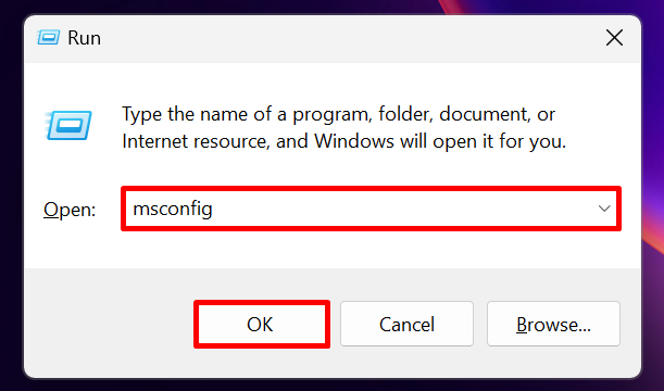 Typing "msconfig" in Run window.