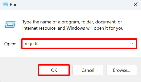Run utility opening the Registry Editor.