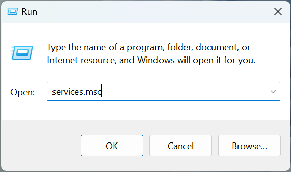 Typing command in Run utility.