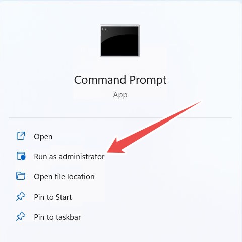 Running Command Prompt as an admin from Windows Search.