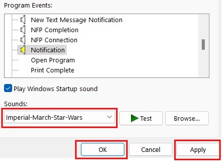 Setting custom tone as notification tone via Sound window.