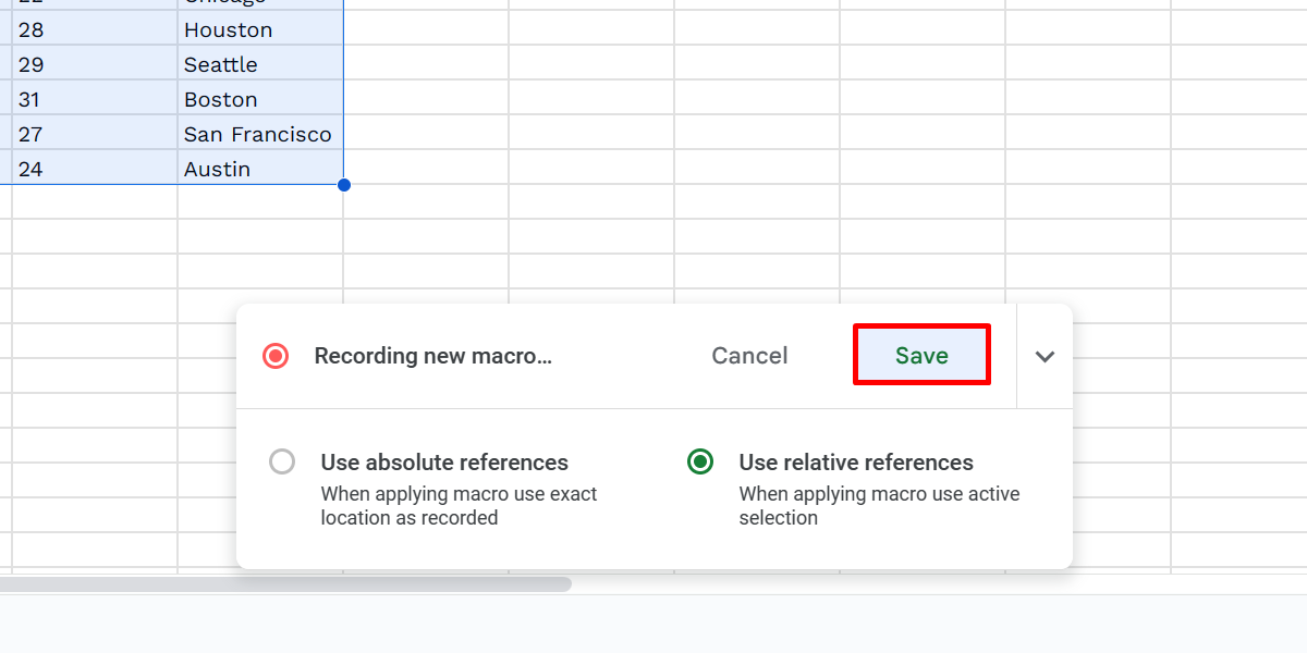 Clicking the Save button to finish recording a macro