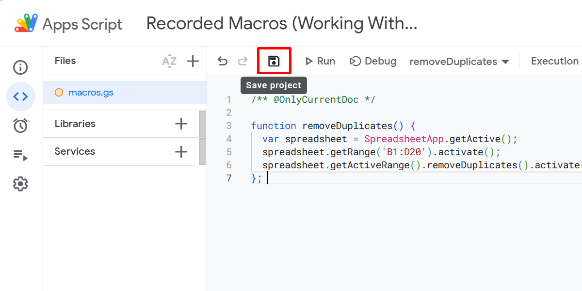 Clicking the Save button for a Google Apps Script file