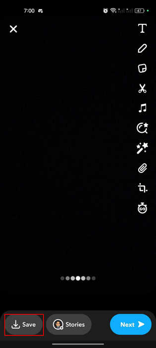 Tapping "Save" button in Snapchat app to save a Snap.