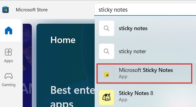 Searching for Sticky Notes app in Microsoft Store.