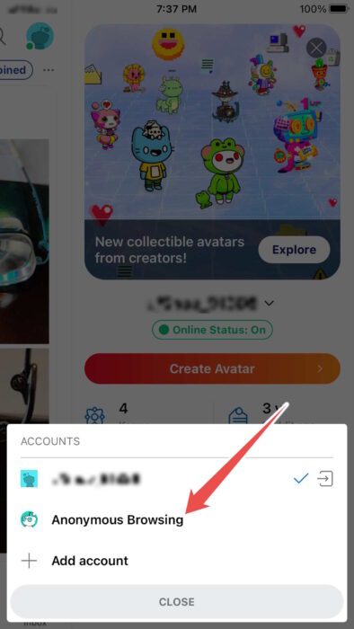 Selecting Anonymous Browsing In The Reddit App