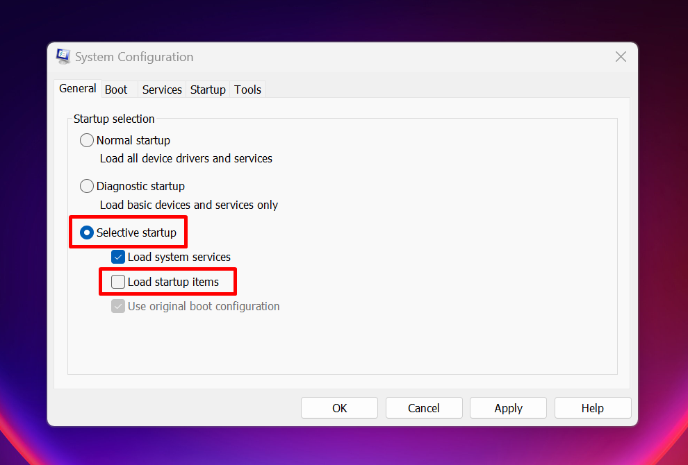 Checking "Selective startup" option in System Configuration app. 