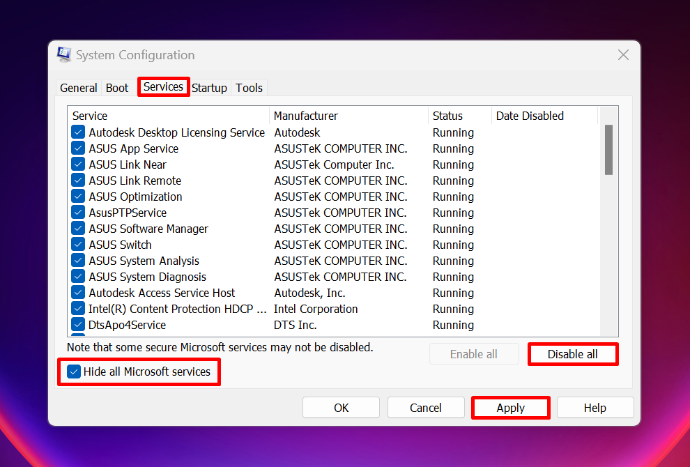 Disabling all apps via System Configuration window.