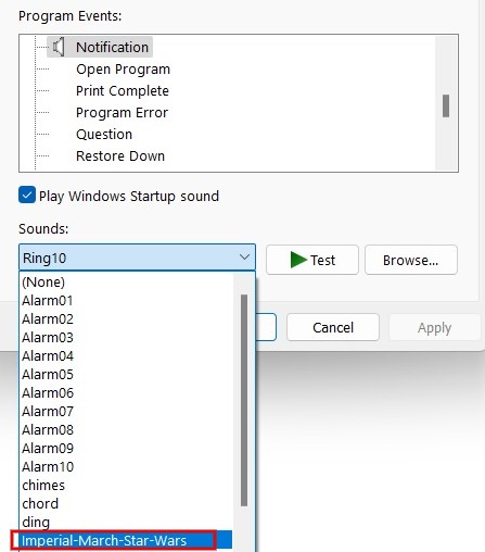 Finding custom sound for notification via Sound window.