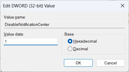 Setting value data for key to "1" in Registry Editor.