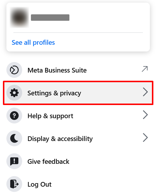 Clicking "Settings & privacy" in Facebook menu in browser.