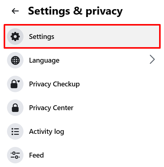 Selecting "Settings" in pop up menu in Facebook in browser.