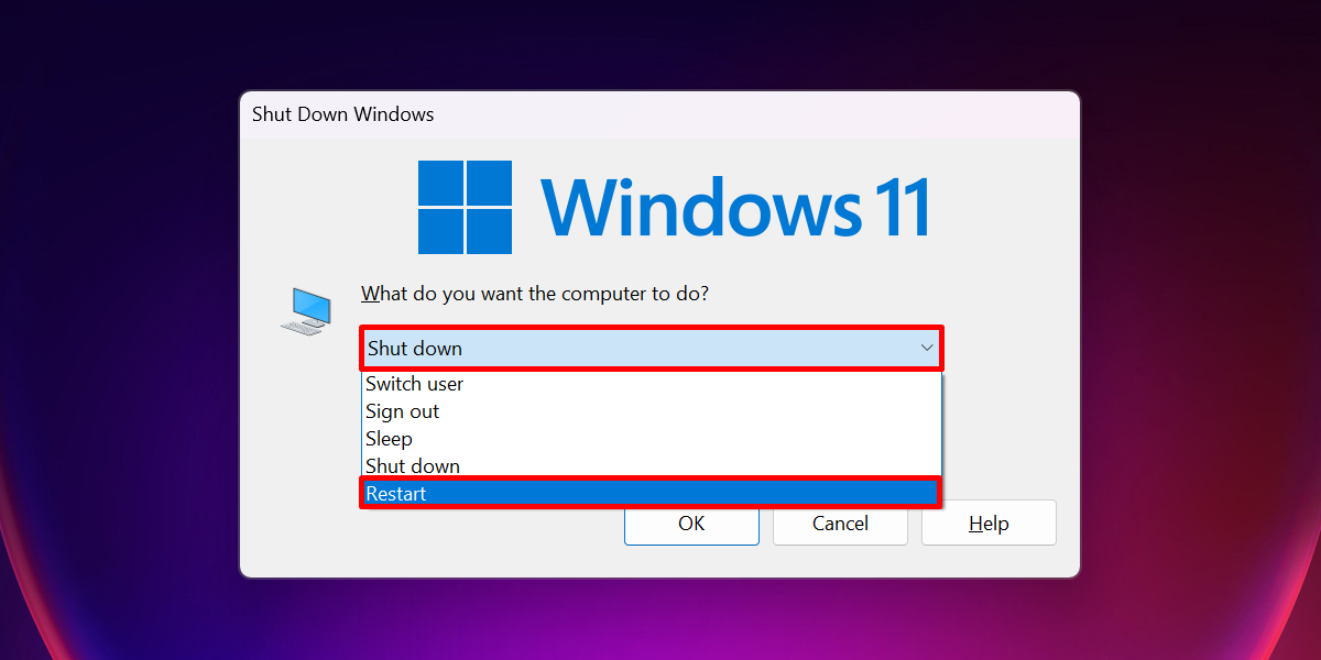 Selecting "Restart" option in "Show Down Windows" window.