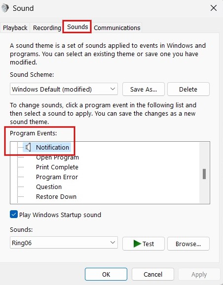 Selecting "Notification" option in Sound window.