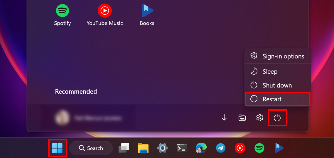 Restarting PC from the power button via the Start menu.