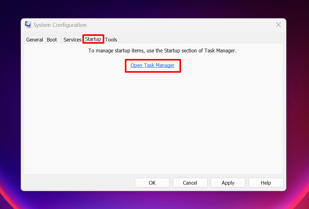 Clicking "Open Task Manager" button in System Configuration window.