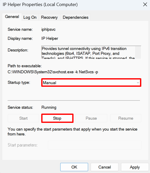 how to disable the IP Helper Service by clicking the Stop button. 