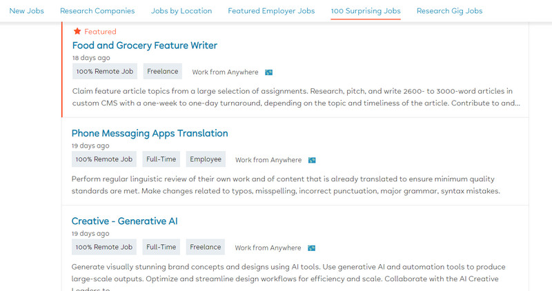 Surprising Jobs section on the Flexjobs website