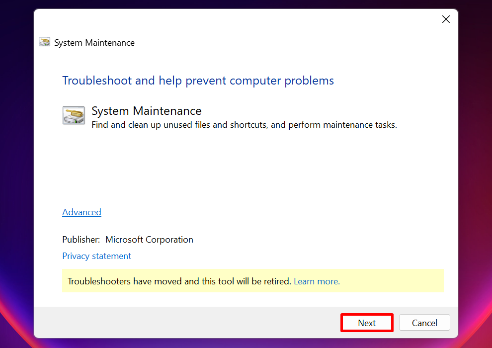 Running the System Maintenance troubleshooter in Windows. 