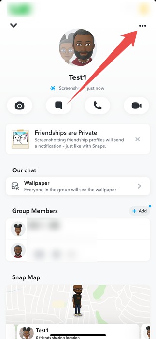 Tapping the more icon on the Snapchat Group page. 