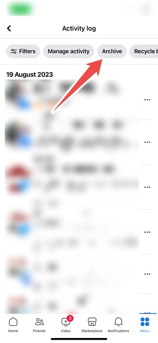 The Archive Tab In The Activity Log Page In The Facebook App On Iphone