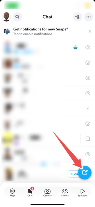Tapping the "New Chat" button in Snapchat app. 