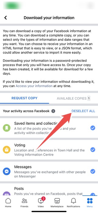 The Deselect Link In The Download Your Information Page In The Facebook App On Iphone