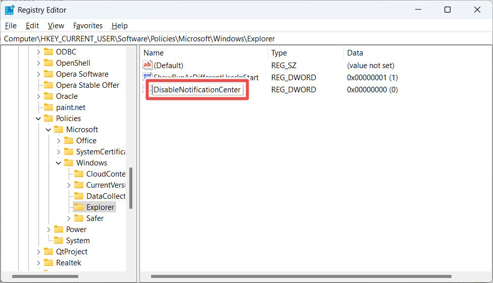 Creating the "DisableNotificationCenter"' value in Registry Editor.