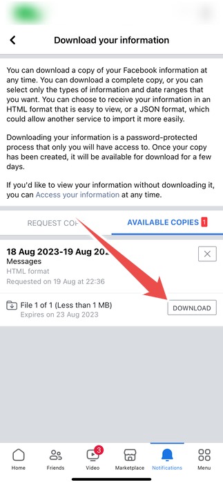 The Download Button Of The Profile Information File In The Facebook App On Iphone