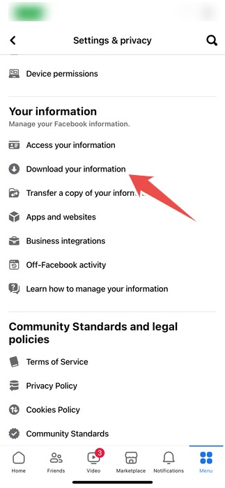 The Download Your Information Option In The Settings And Privacy Page In The Facebook App On Iphone